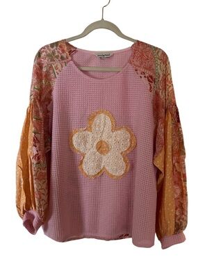 DAVI & DANI Alive Pink Floral Patchwork Blouse  Sz M